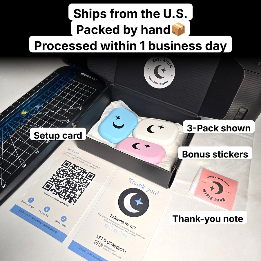 An opened Novu box with Pods, a setup card, stickers and a thank-you note